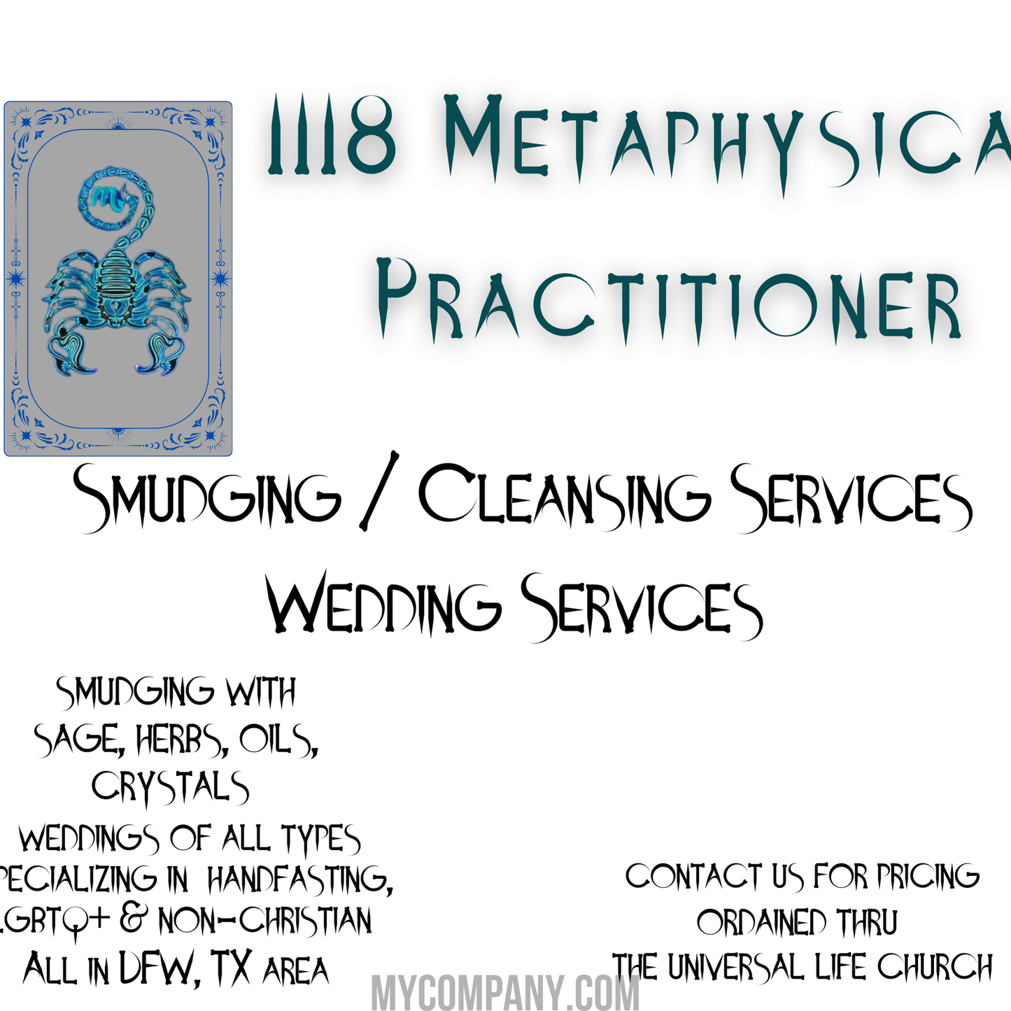Blue scorpion tarot card next to "1118 Metaphysical Practitioner" text, listing spiritual services.