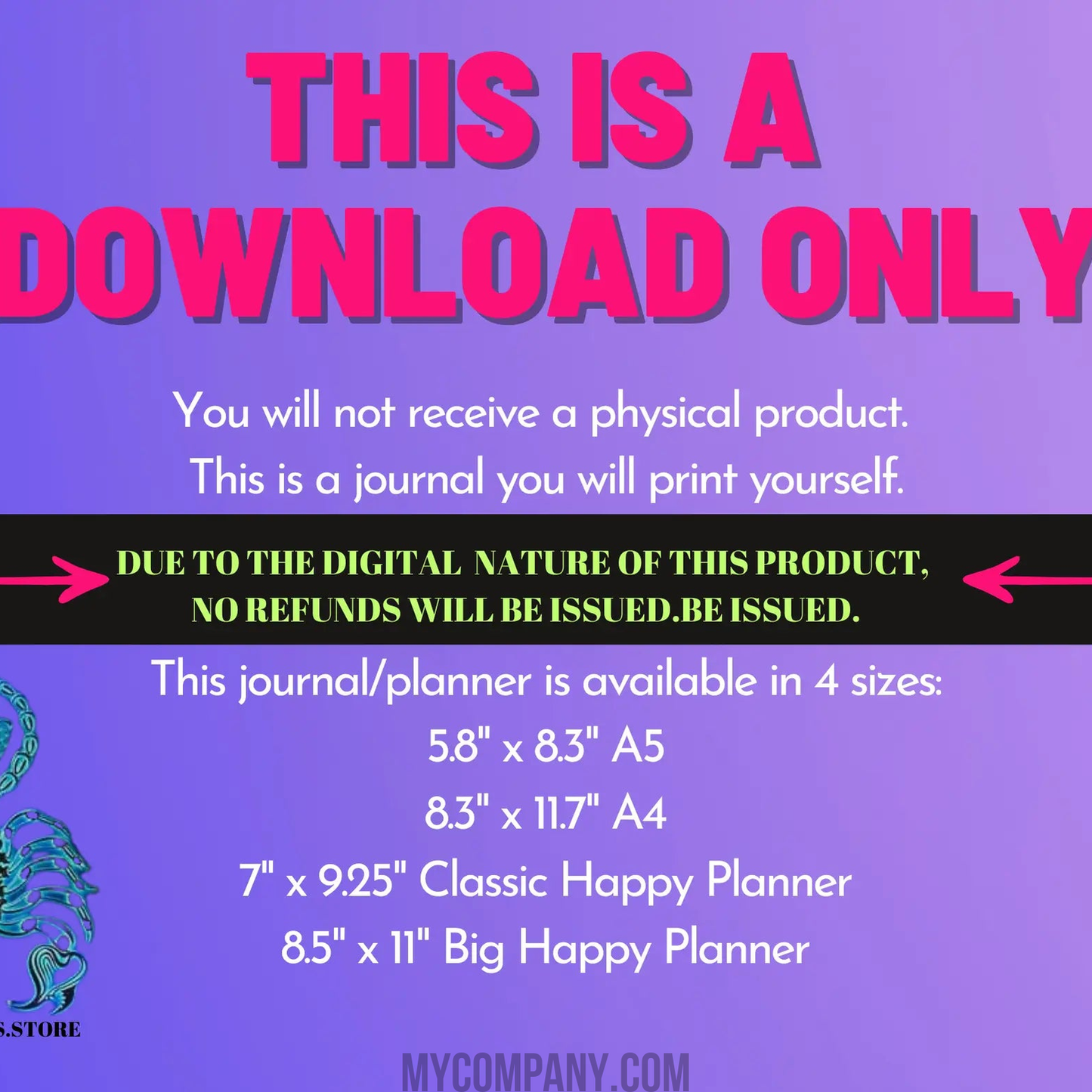 Purple background with pink text stating "THIS IS A DOWNLOAD ONLY" and product details.