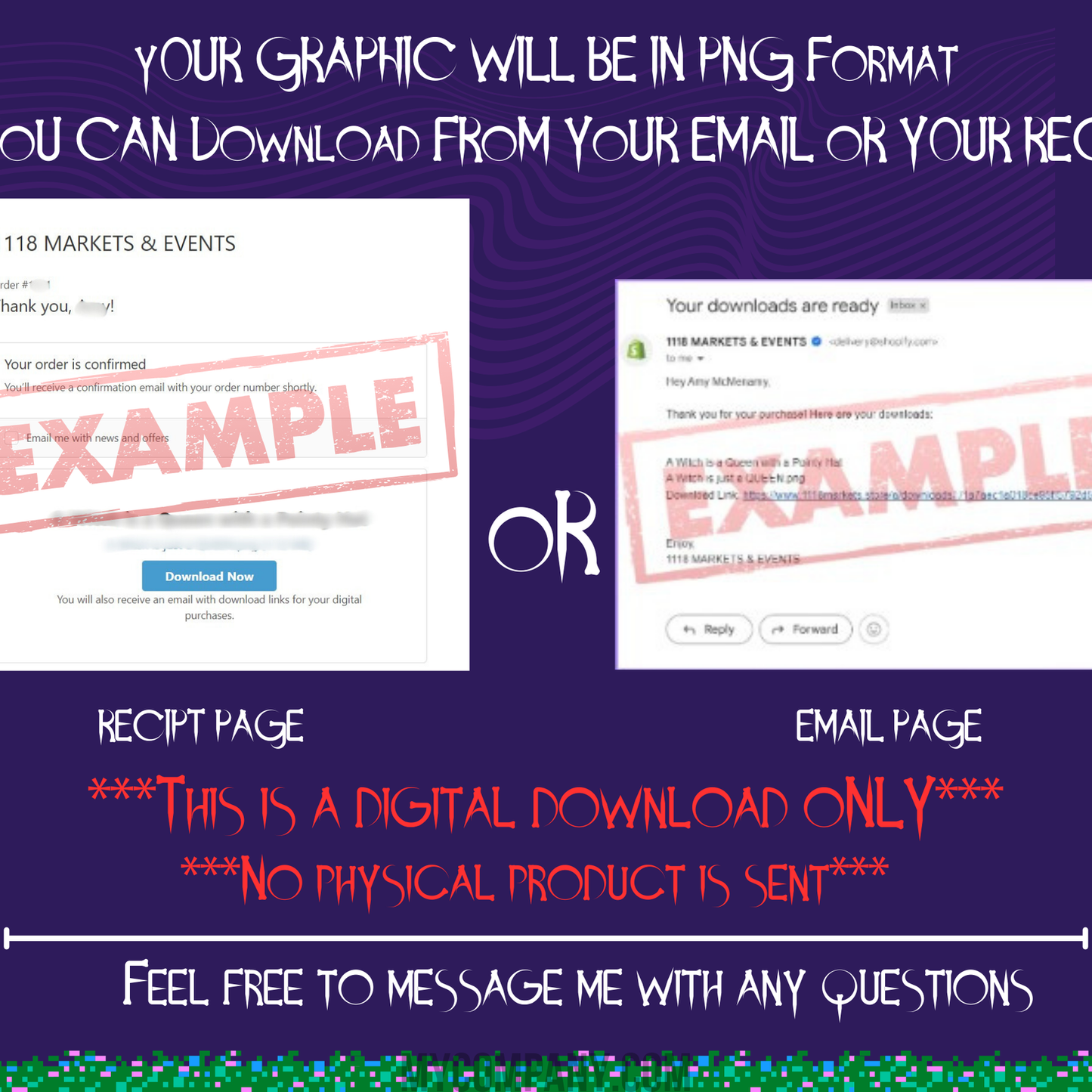 Digital download instructions: receipt and email examples for PNG graphic.