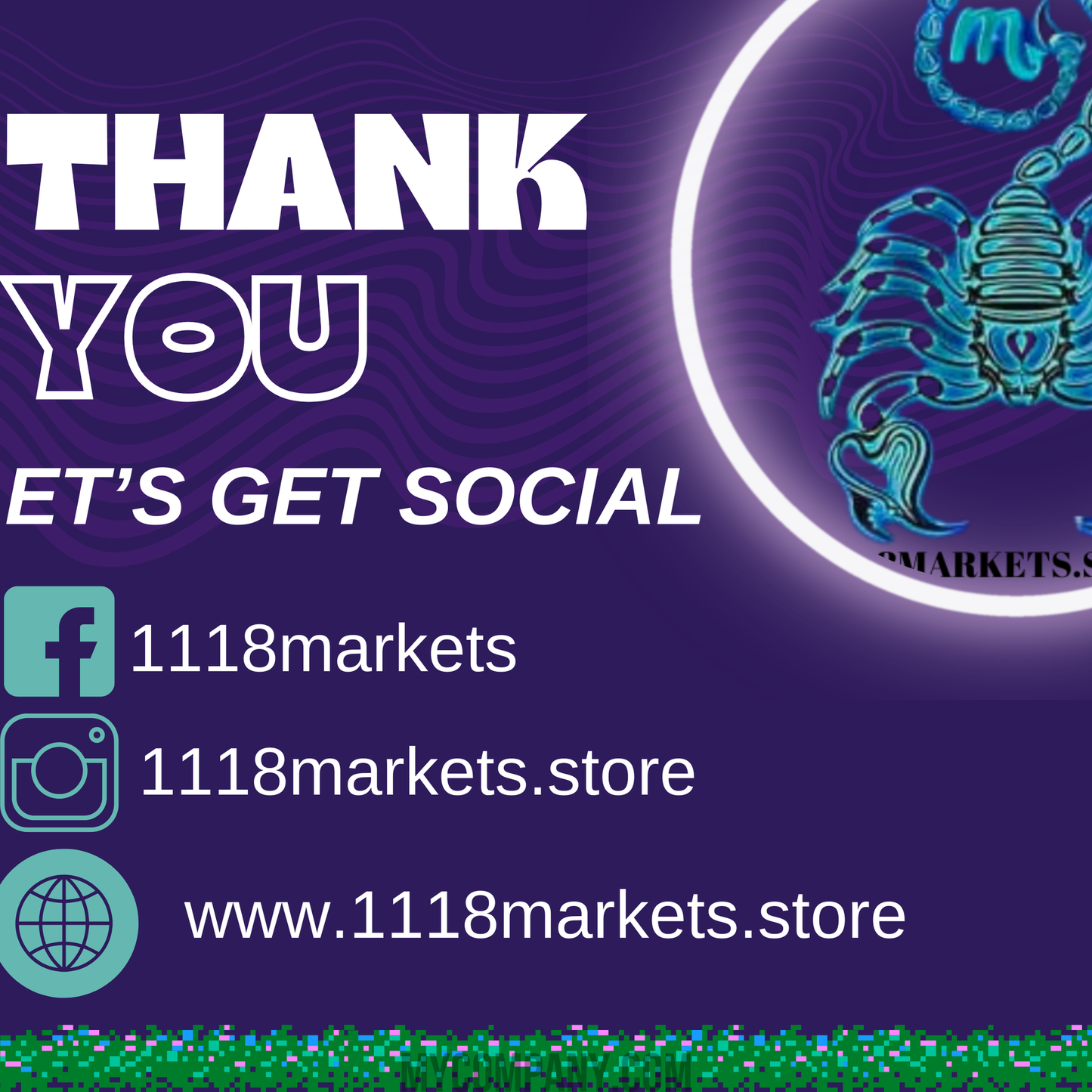 Purple background with "THANK YOU LET'S GET SOCIAL" text, social media icons, and a blue scorpion graphic.