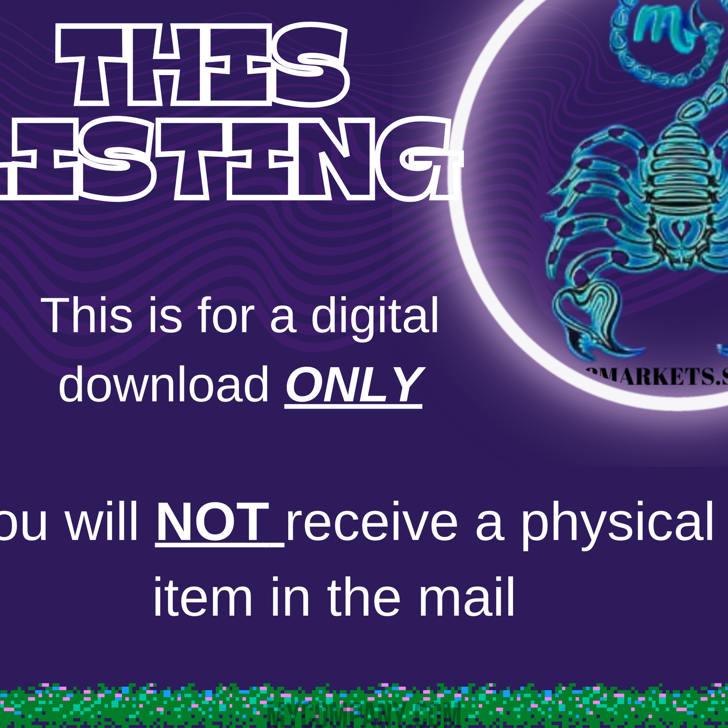 Purple digital download graphic with "THIS LISTING" text and a blue scorpion design.