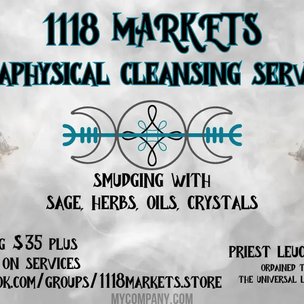 Metaphysical cleansing services ad with sage bundles, a triple moon symbol, and smoky white background.