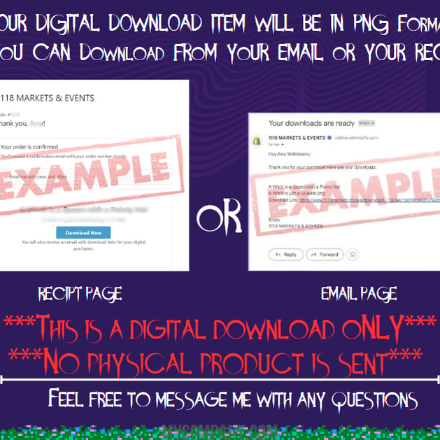 Digital download instructions showing receipt and email pages for PNG file access.