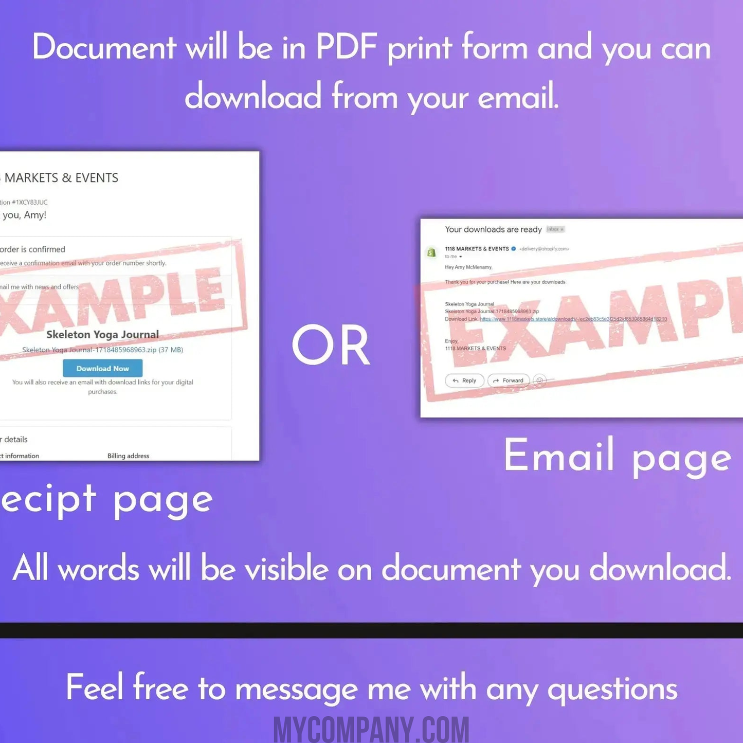 Example screenshots of a digital product receipt and an email download link for a PDF document.