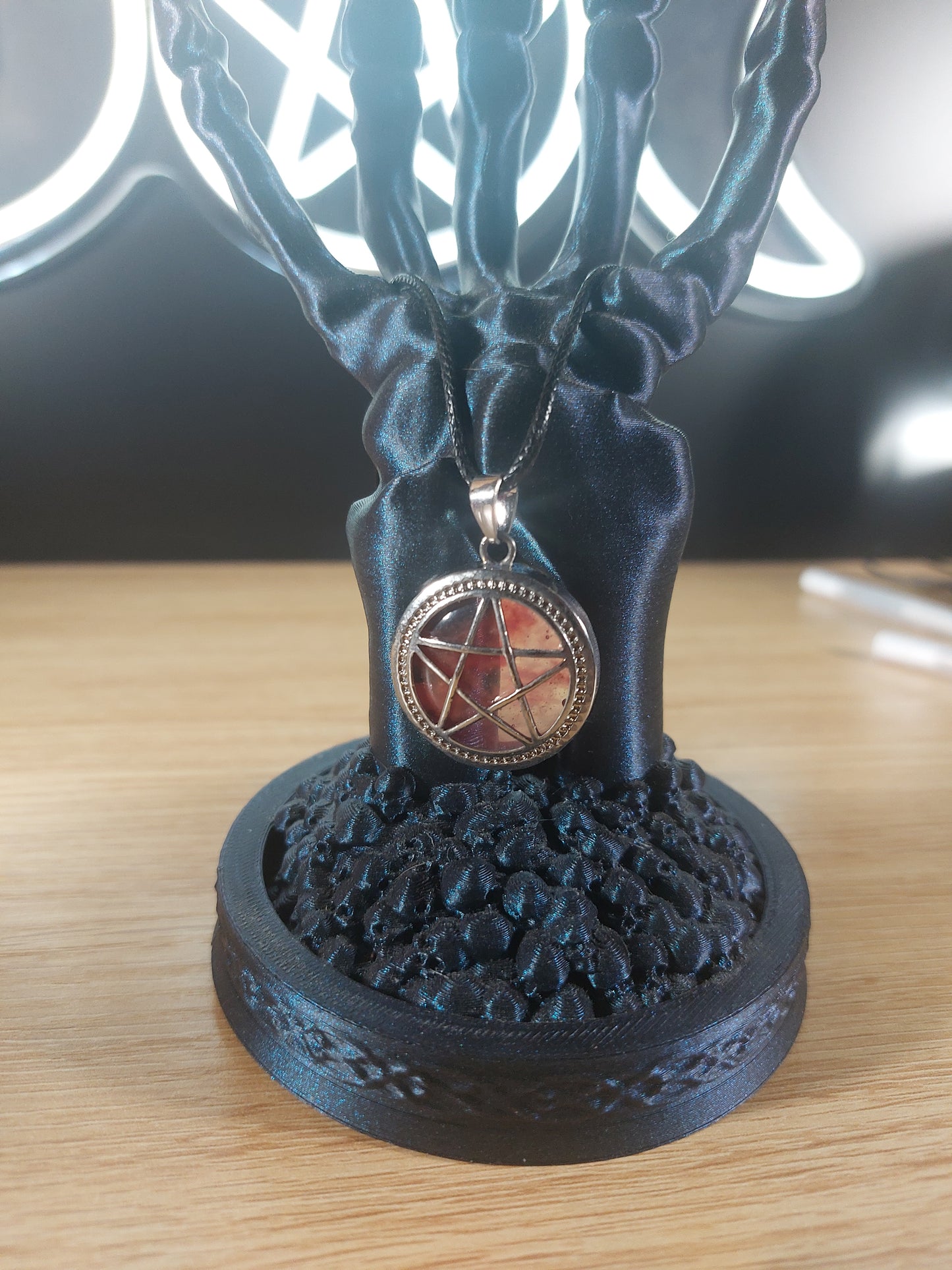 Rose Quartz Stone with Silver Tone Pentagram Necklace