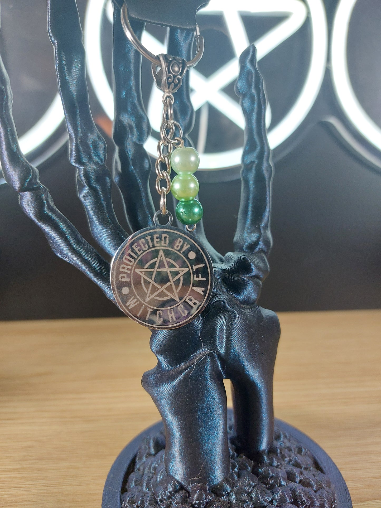 Protected By Witchcraft Medal with Pearl Like Beads Keychain