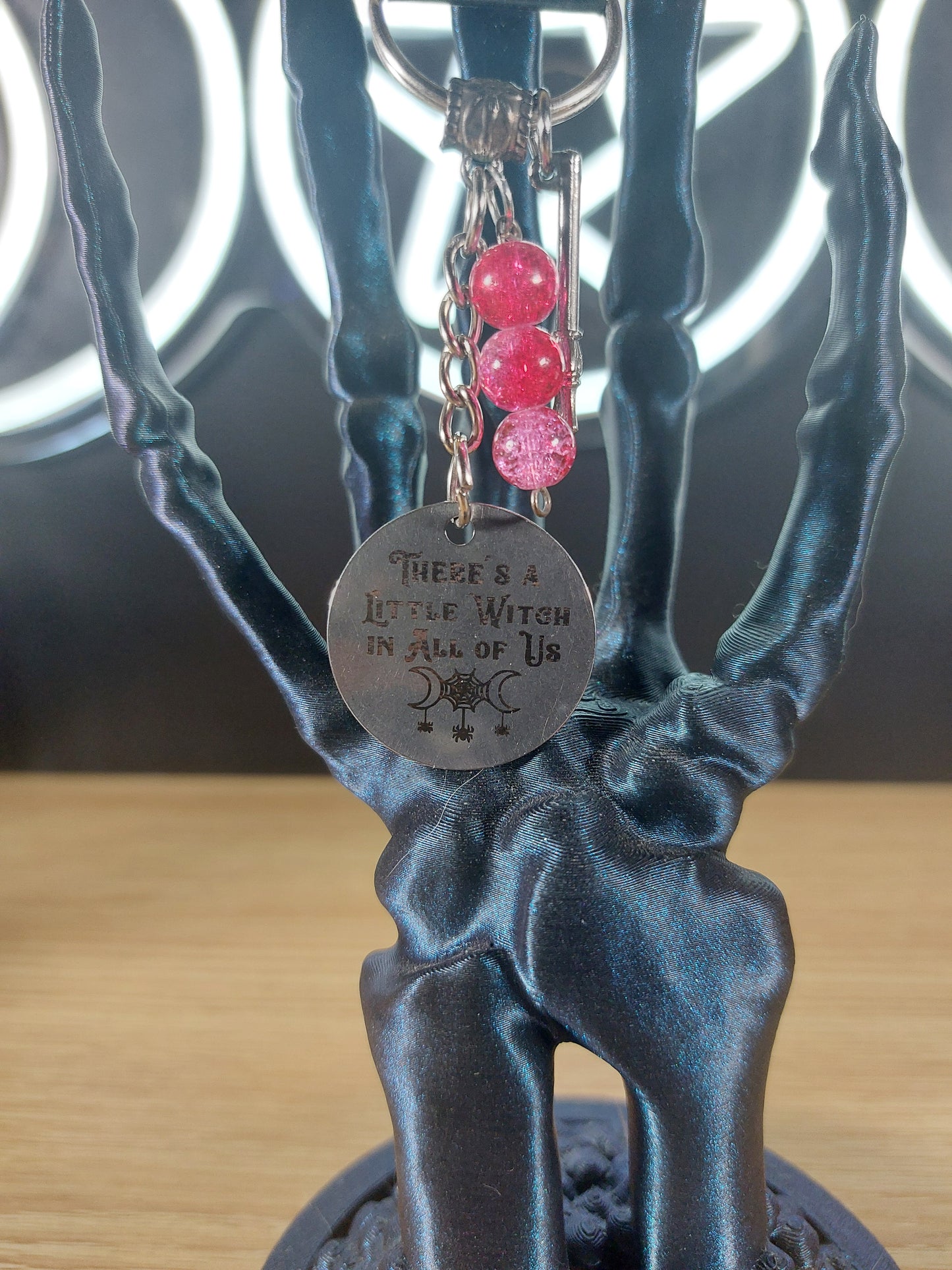 Silver Tone THERES A LITTLE WITCH IN ALL OF US Medal with Glass Beads and Charm Keychain