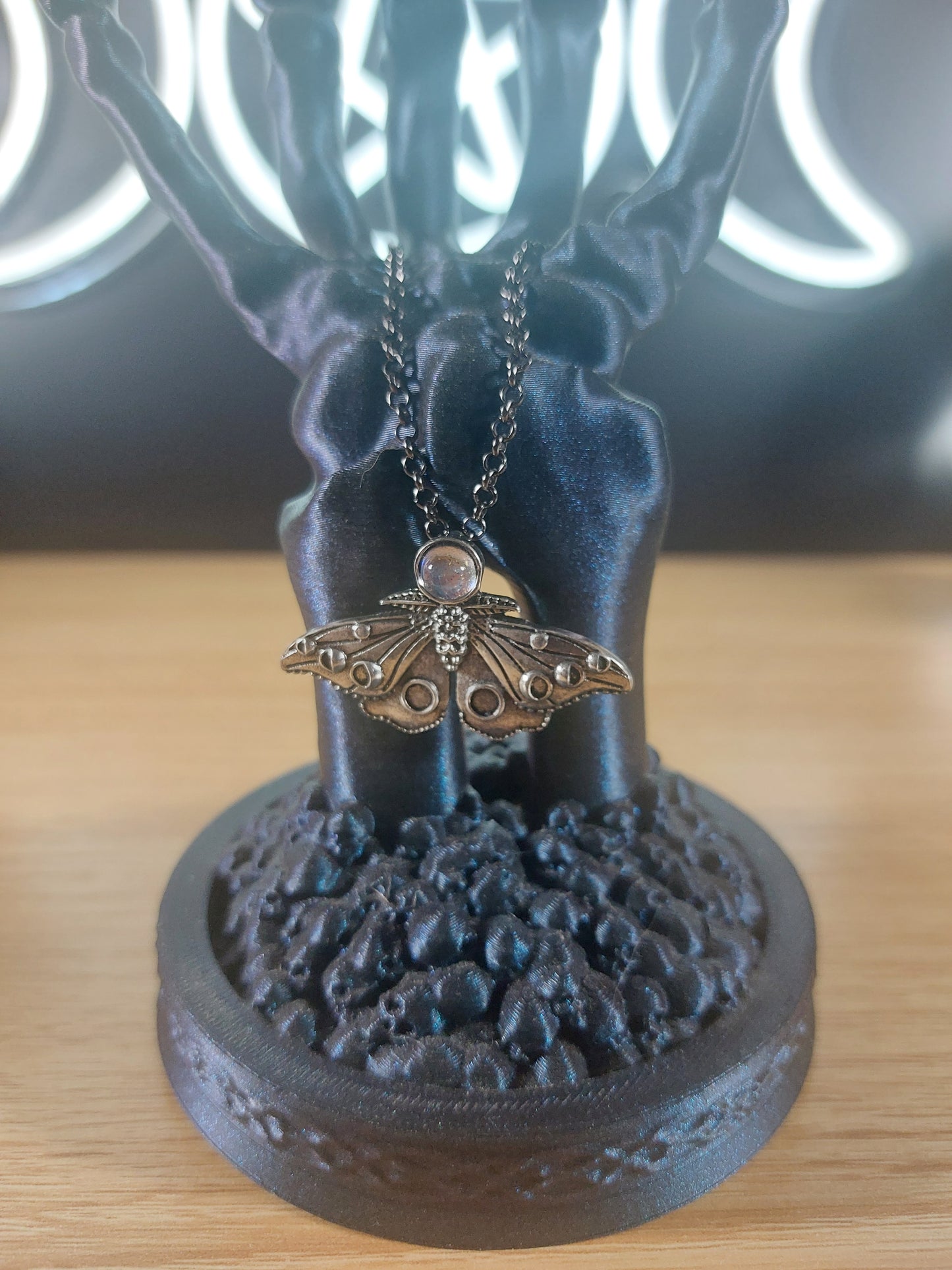 Gun Metal Silver Moth with Rhinestone Necklace