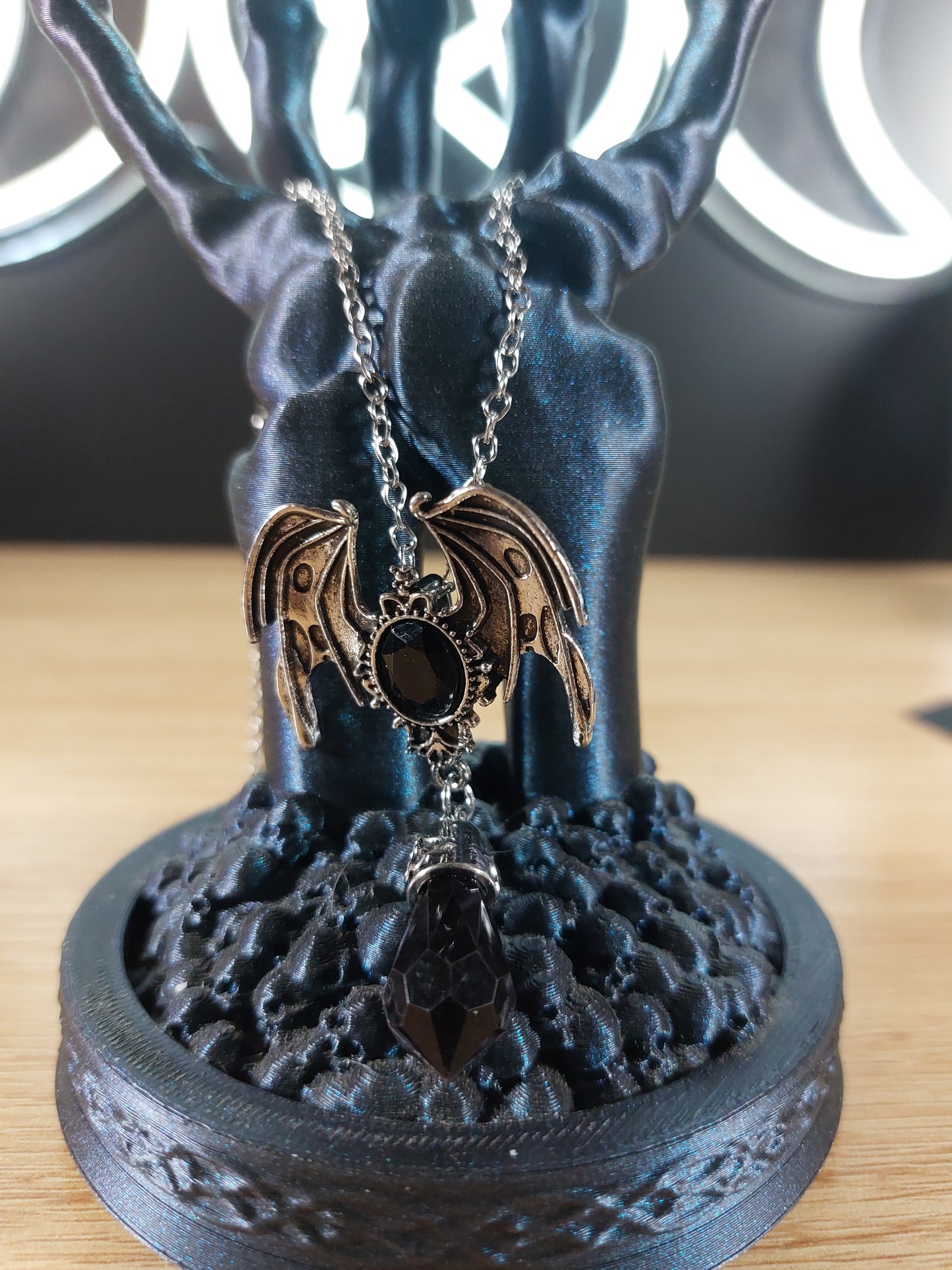 Gothic Silver Tone Bat with Black Rhinestone Accents Necklace