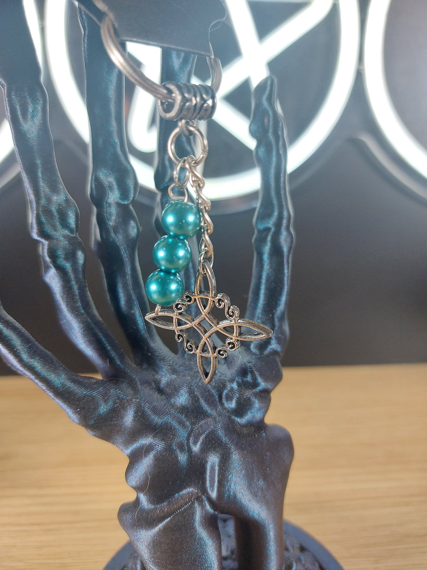 Silver Tone Witches Knot with Turquoise Pearl Like Glass Beads Keychain