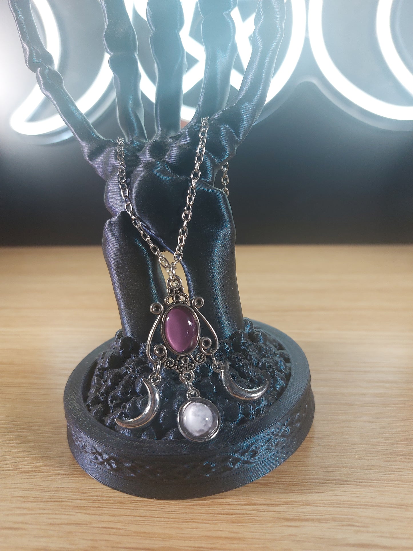 Gothic Silver Tone Triple Moon with Purple Stone Accents Necklace
