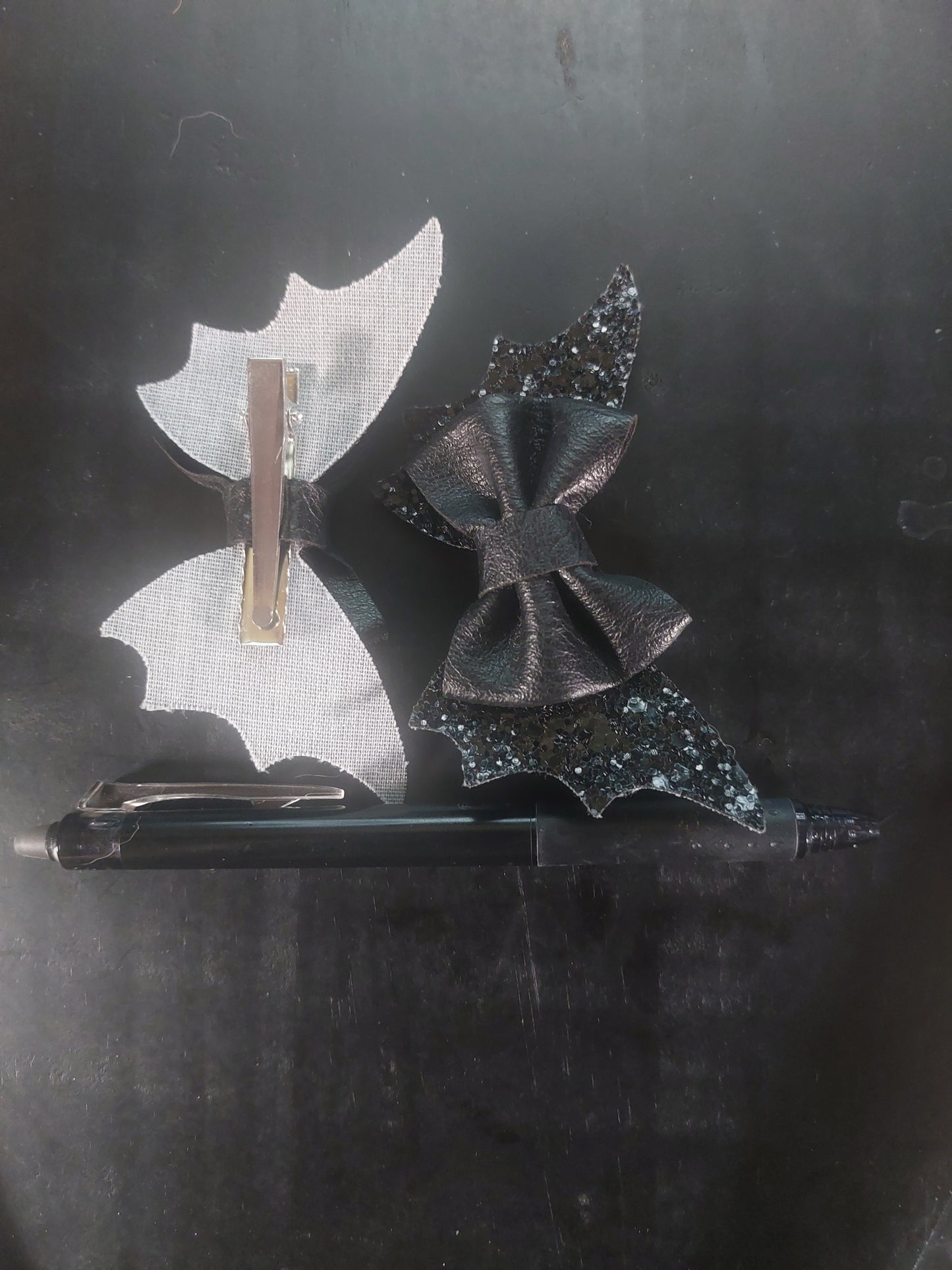 Black Leather Type Glitter Bat Wing Barrette Set