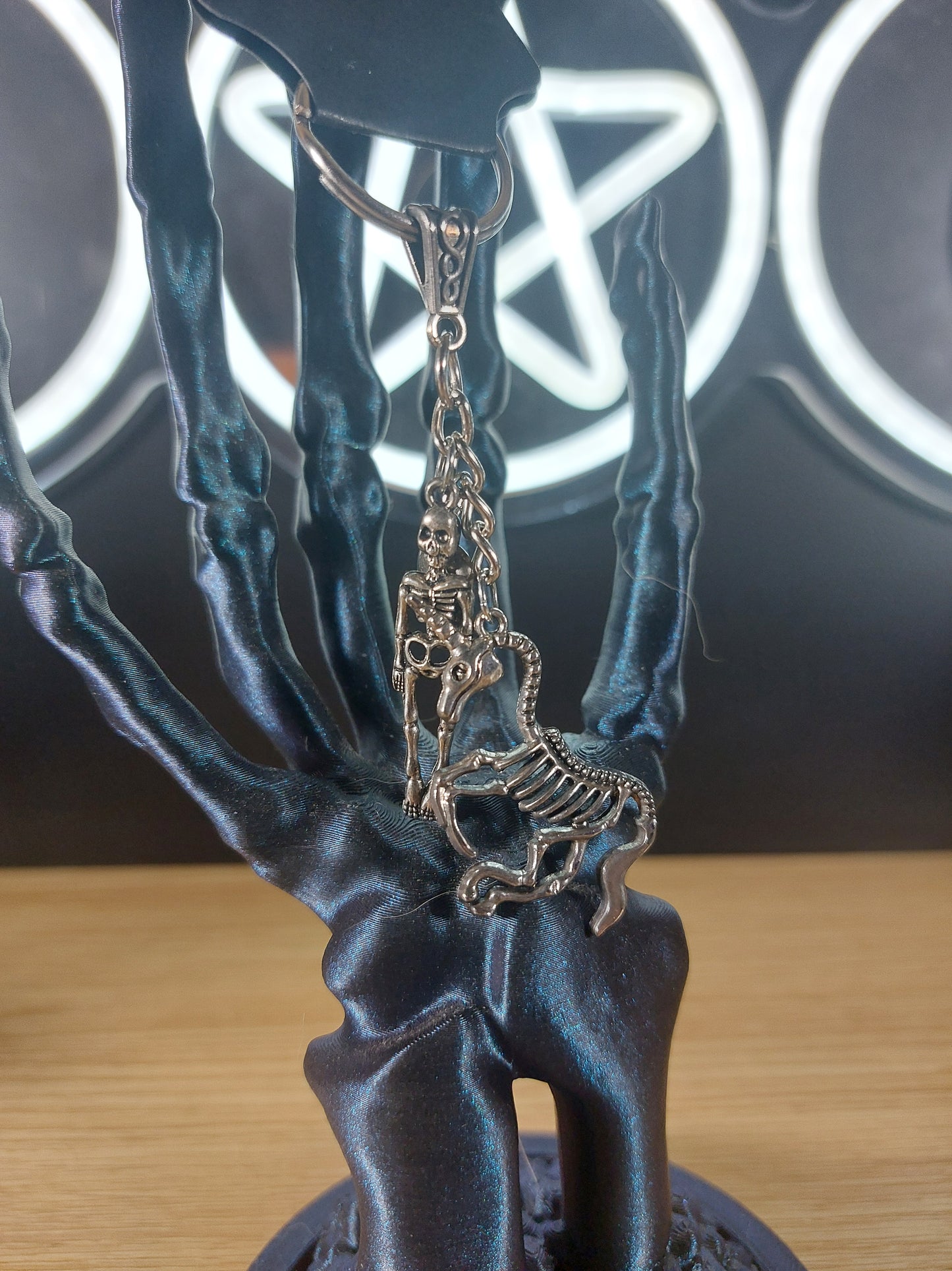 Silver Tone Unicorn Skeleton and Human Skeleton Charm Keyring