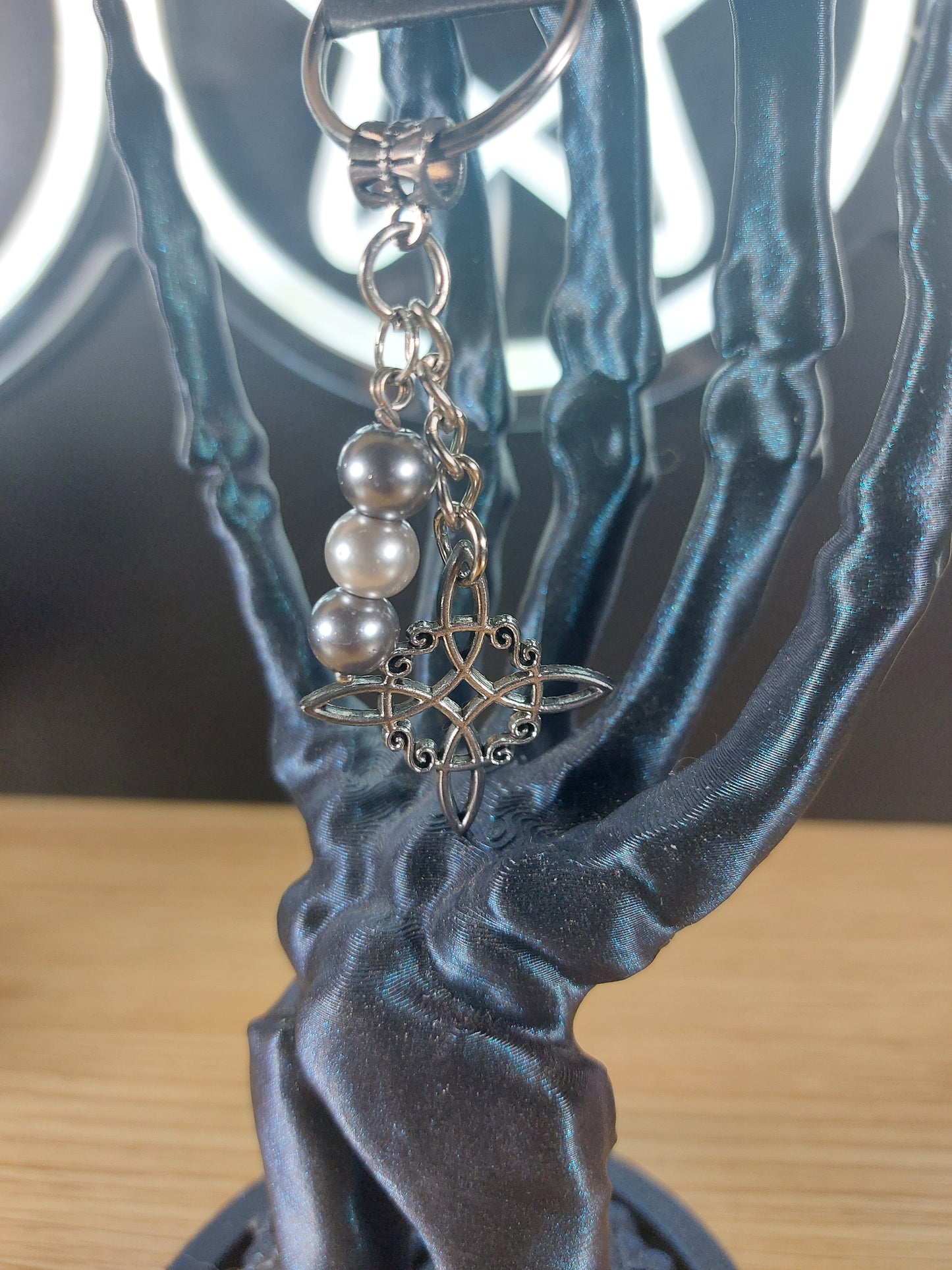 Silver Tone Witches Knot with Grey Pearl Glass Beads Keychain