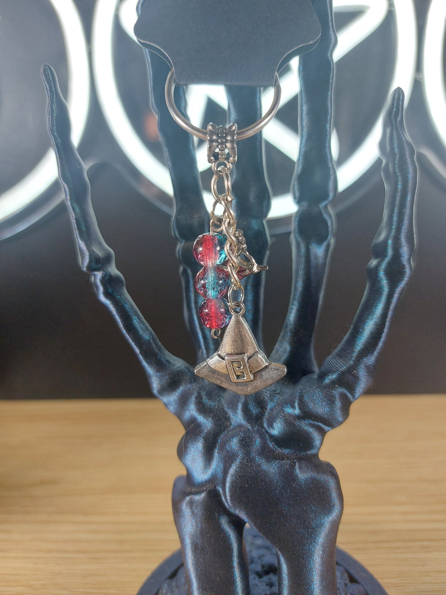 Silver Tone Witches Hat with Witch Charm and Blue Red Glass Crackle Beads Keychain