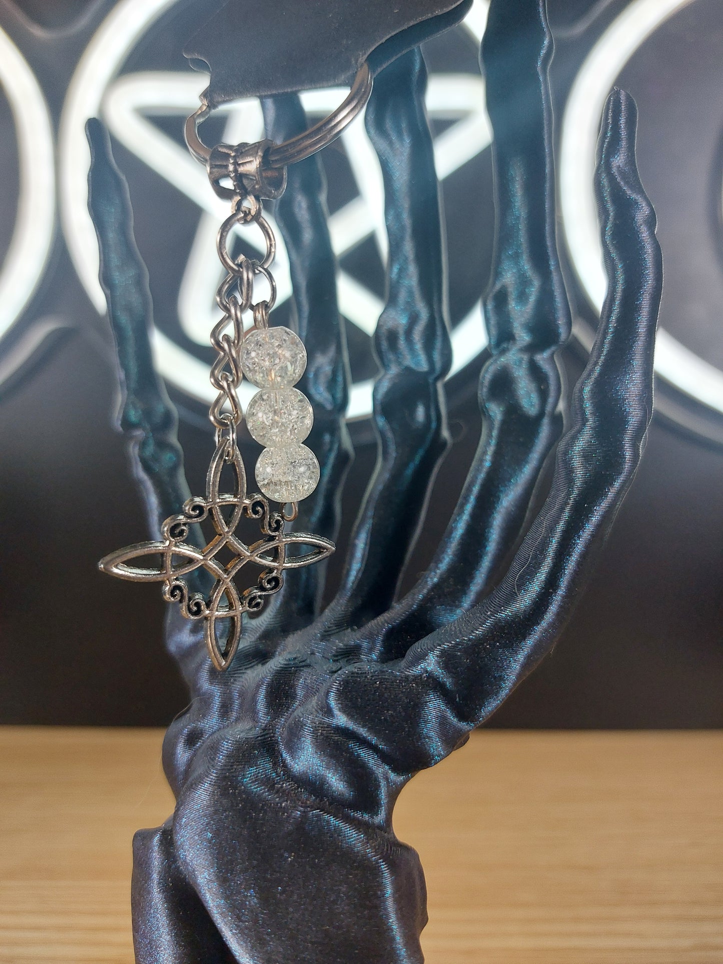 Silver Tone Witches Knot with White Crackle Glass Bead Keychain