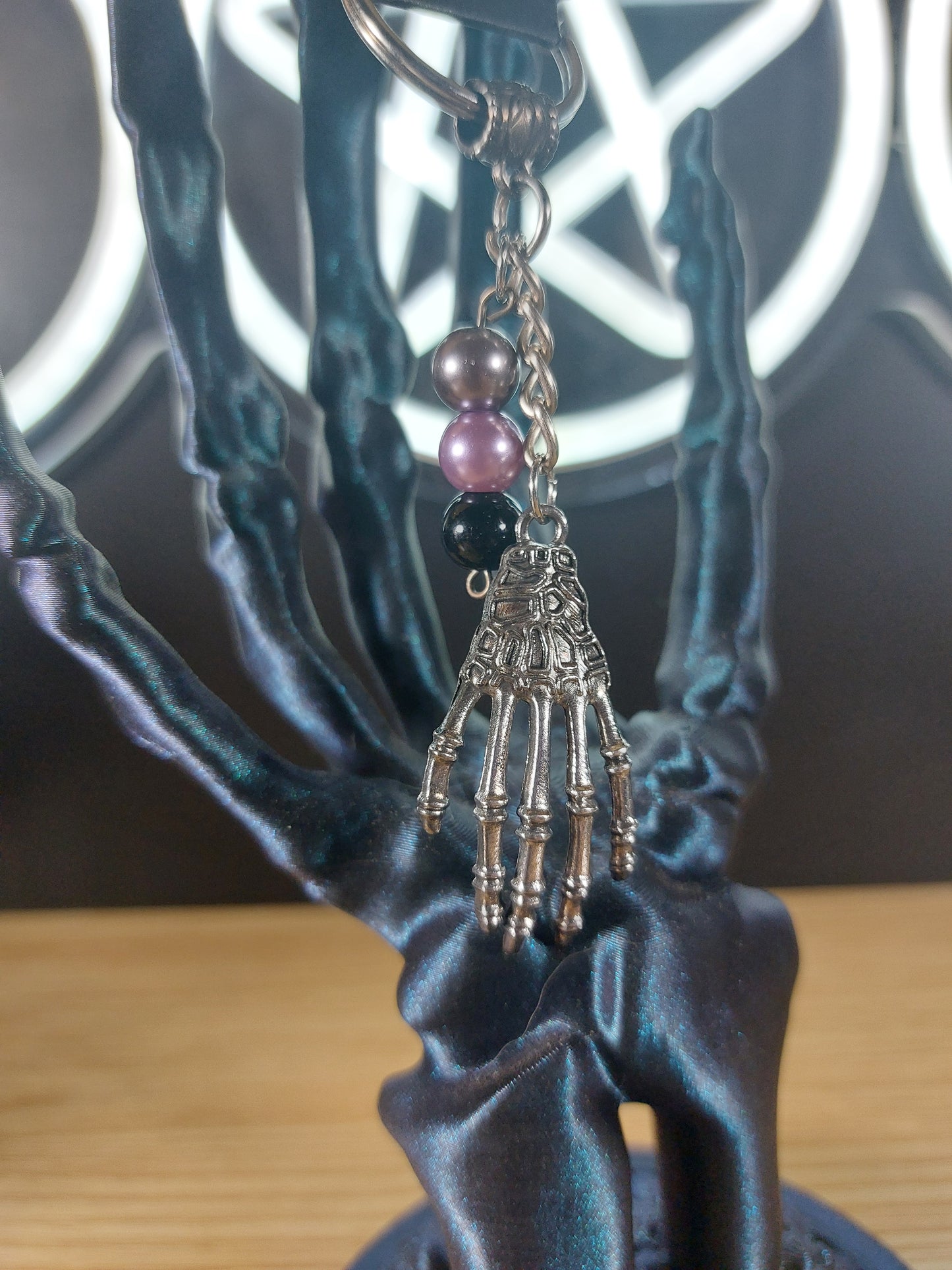 Silver Tone Large Skeleton Hand with Glass Beads Keychain