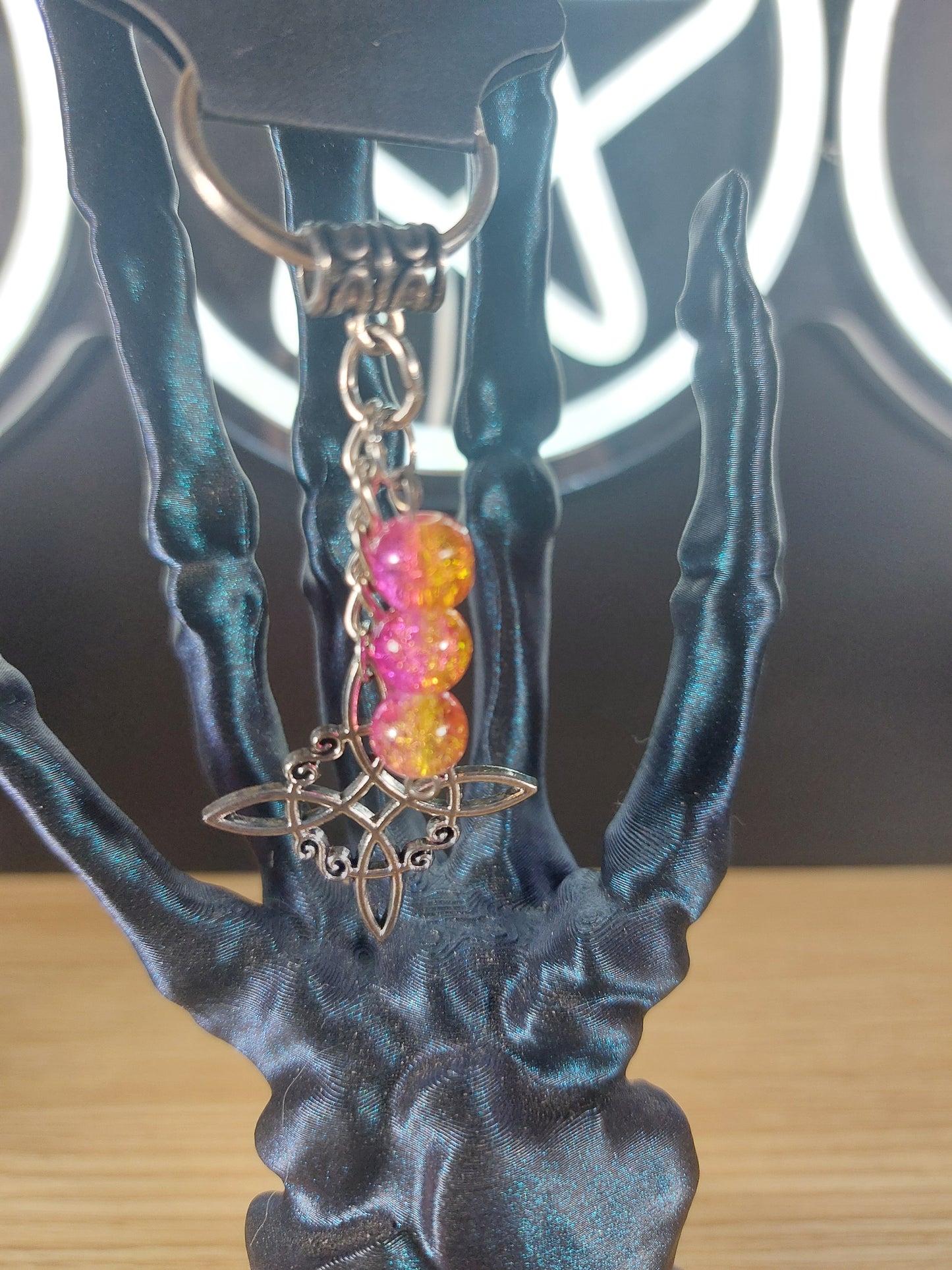 Silver Tone Witches Knot with Pink & Orange Glass Beads Keychain