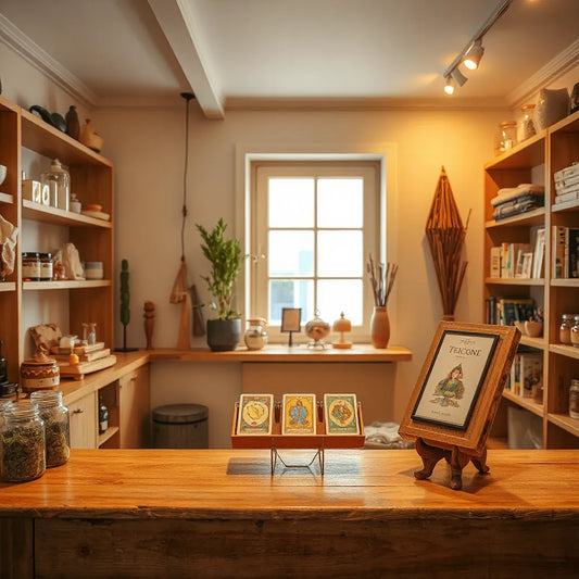 Cozy metaphysical shop interior with crystal shelves, tarot display, and incense supplies
