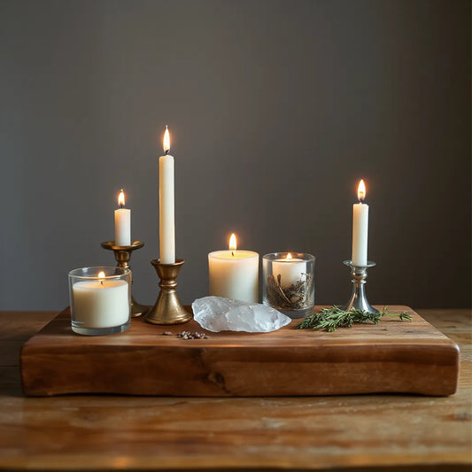 Assorted ritual candles on a small altar with herbs and a crystal in warm candlelight
