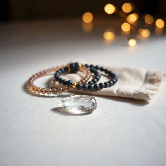 Handmade crystal bracelets and a pendant resting on a microfiber cloth with visible crystal facets