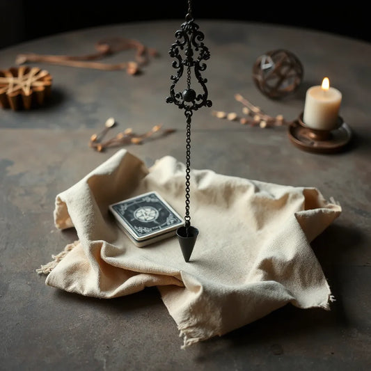 Dark gothic pendulum with chain over a small cloth, alongside a tarot deck and unlit candle.