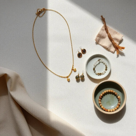 Assorted handmade jewelry on a neutral tabletop with a cleaning cloth and soft daylight