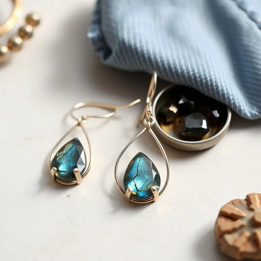 Labradorite hoop earrings with blue-gray iridescence on a neutral background with soft natural light