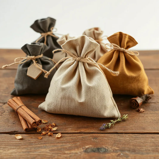 Handcrafted fabric spell bags tied with twine beside dried herbs on a wooden altar