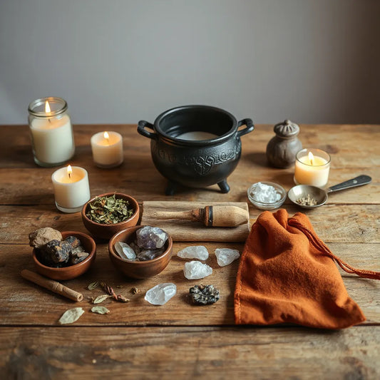 Candles, dried herbs, crystals, and a small cauldron arranged for beginner witchcraft practice