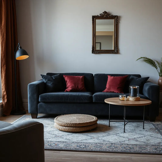 Moody living room with dark velvet seating, candlelight, wrought-iron lamp, and ornate mirror