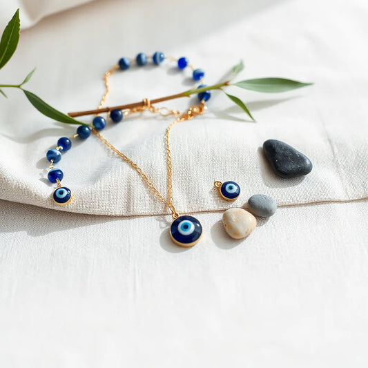 Blue evil eye necklace and bracelet resting on light fabric with subtle stones nearby