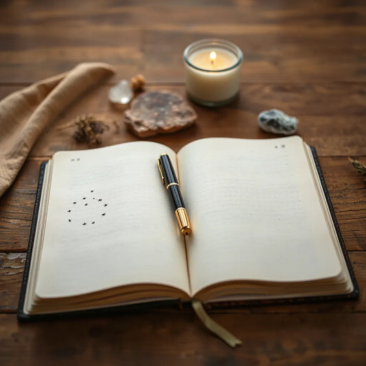 Open witch journal with a fountain pen and small dried herbs on a wooden table