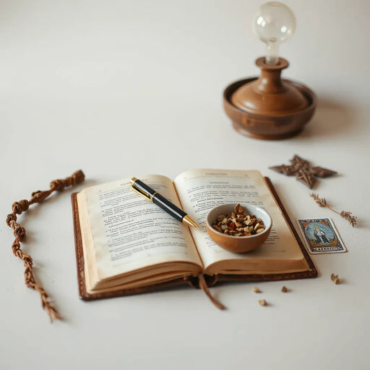 Open leather journal on a desk with pen and small dried herbs beside it