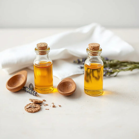 Glass bottles of golden anointing oil with dried herbs and a folded cloth on a wooden surface