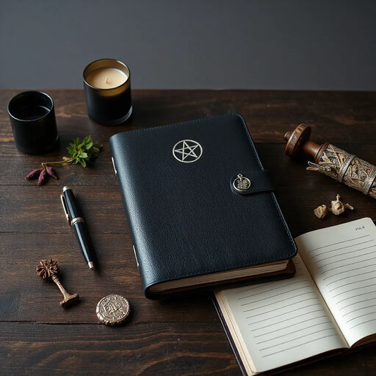 Dark goth planner on a desk with a pen, candle, and small herbs beside it