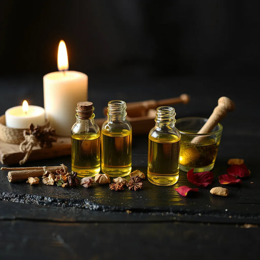Small glass bottles of anointing oil beside dried herbs and a softly lit candle on wood