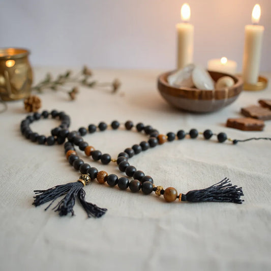 Dark witchcraft meditation beads with a small charm resting on neutral fabric beside soft candlelight