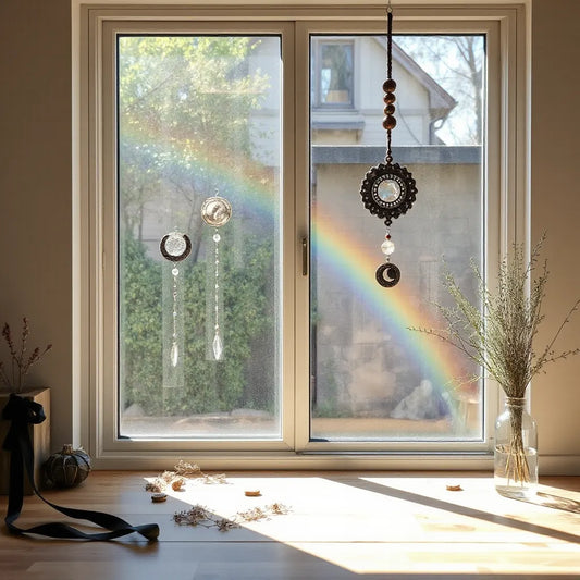 Hanging witch décor suncatchers catching sunlight and casting colorful rainbow light on the wall
