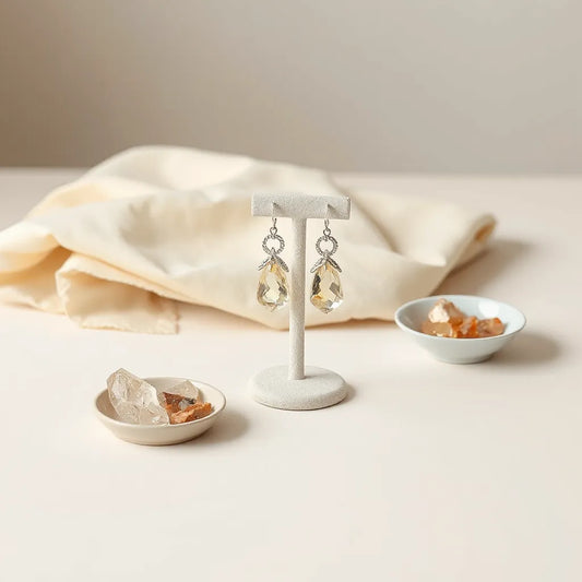 Pair of unique crystal earrings with visible facets displayed on a minimal jewelry stand.