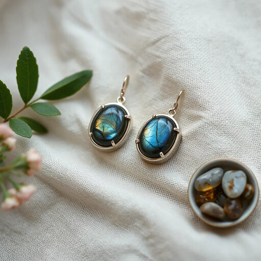 Labradorite crystal earrings with iridescent stones set in polished metal on neutral fabric
