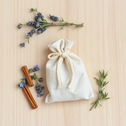 Handmade tied fabric spell pouch with dried herbs and warm natural ingredients on a wooden surface