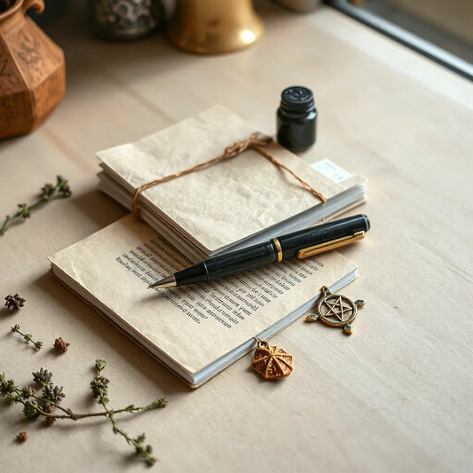 Stacked printable witchcraft journal pages with a pen, ink bottle, and small herb bundle on kraft paper
