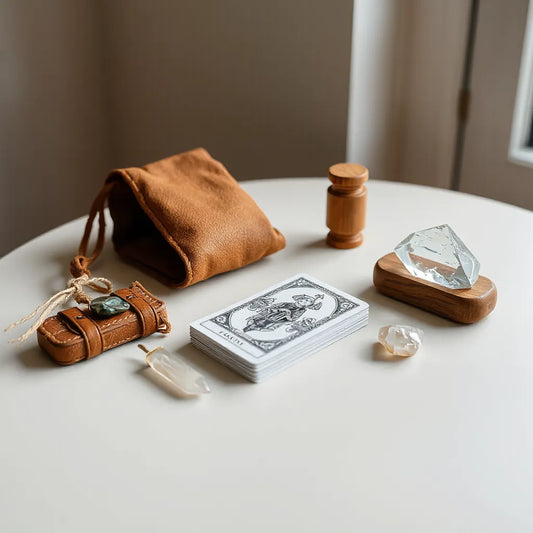 Tarot deck on a neutral table with a bag, card case, crystal, and wooden stand