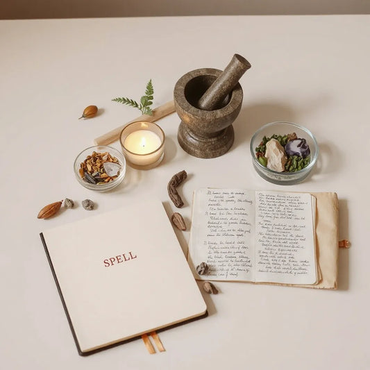 Tabletop setup with candle, journal, crystals, and herbs for custom spell work preparation