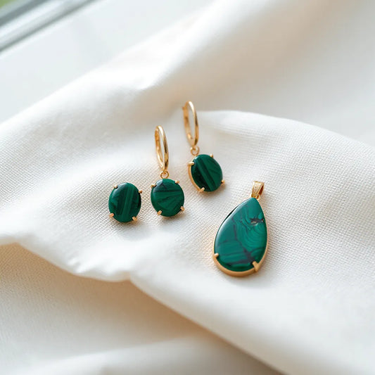 Green malachite stud earrings and a pendant on light linen with clear stone texture