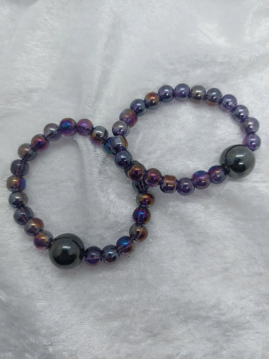Hematite and Oil Slick Purple Blue Glass Beaded Acupressure Bracelet set - 1118Markets