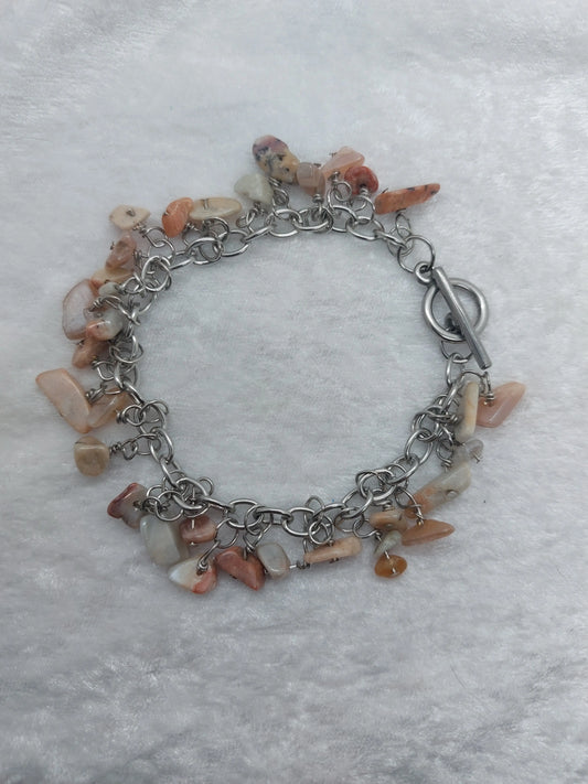 Sunstone Gemstone Chip Handmade Dangle Charm Style Stainless Steel Bracelet - 1118Markets