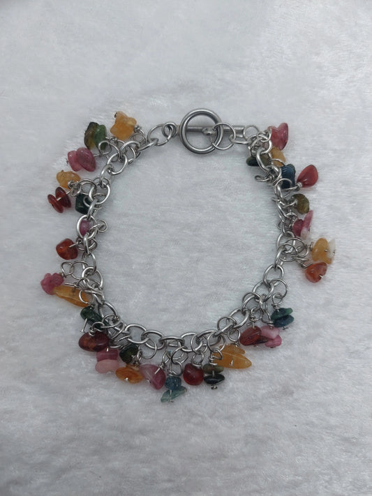 Tourmaline Gemstone Chip Handmade Dangle Charm Style Stainless Steel Bracelet - 1118Markets
