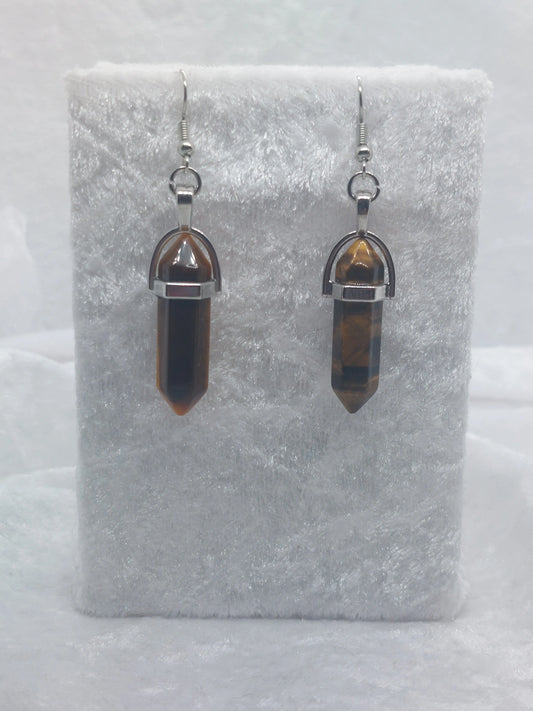 Brown Tigers Eye Gemstone Bullet Silver Earrings - 1118Markets